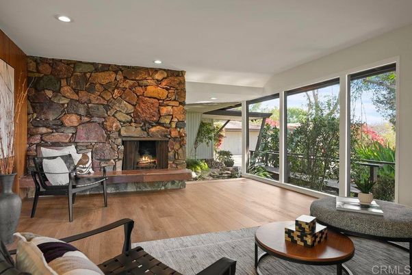 Fireplace, Interior, Recessed Lighting, Stone Walls, Wood Texture Flooring