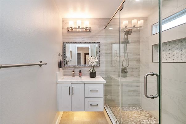 Bathroom, Glass Shower, Interior, Wood Texture Flooring