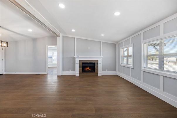 Empty room, Fireplace, Interior, Recessed Lighting, Wood Texture Flooring