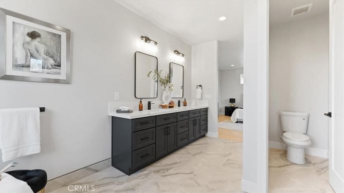 Bathroom, Bedroom, Dual Sink Vanities, Interior, Marble, Recessed Lighting