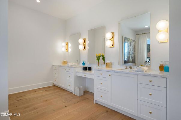 Bathroom, Dual Sink Vanities, Interior, Recessed Lighting, Wood Texture Flooring