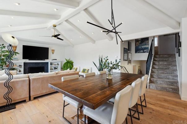 Dining room, Fireplace, Interior, Living room, Pendant Lights, Recessed Lighting, Wood Texture Flooring