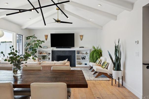 Dining room, Fireplace, Interior, Living room, Recessed Lighting, Wood Texture Flooring