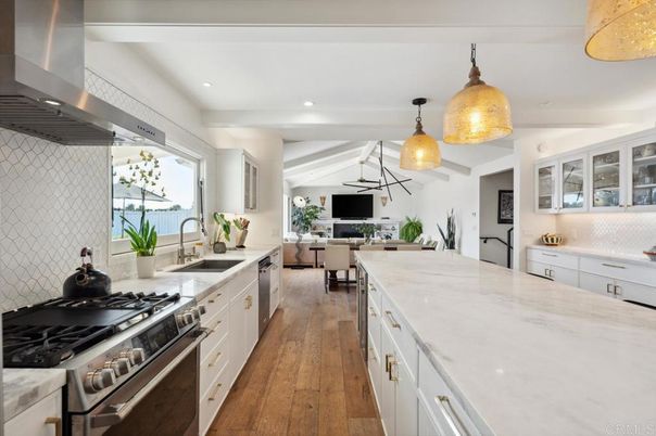 Interior, Kitchen, Pendant Lights, Recessed Lighting, Stainless Steel Appliances, Wood Texture Flooring