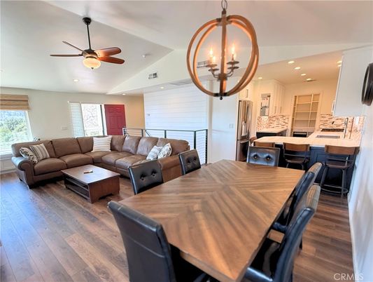 Chandelier, Dining room, Interior, Kitchen, Living room, Recessed Lighting, Wood Texture Flooring