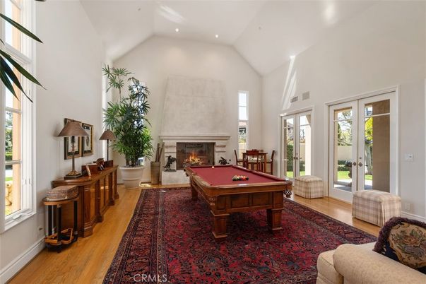 Billiard Table, Fireplace, Game Room, Interior, Recessed Lighting, Wood Texture Flooring