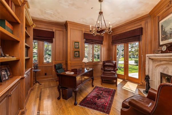 Chandelier, Fireplace, Home Office, Interior, Pendant Lights, Wood Texture Flooring, Wooden Walls