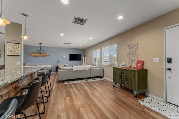 Interior, Living room, Pendant Lights, Recessed Lighting, Wood Texture Flooring
