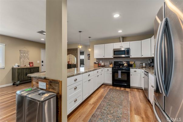 Interior, Kitchen, Pendant Lights, Recessed Lighting, Stainless Steel Appliances, Wood Texture Flooring