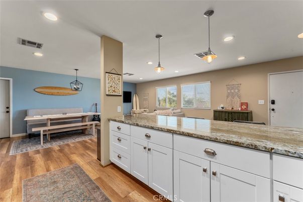 Dining room, Interior, Pendant Lights, Recessed Lighting, Wood Texture Flooring