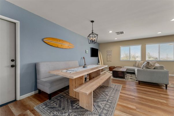 Dining room, Interior, Living room, Pendant Lights, Recessed Lighting, Wood Texture Flooring