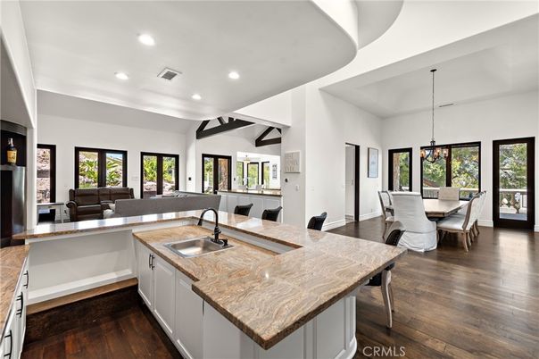 Chandelier, Dining room, Interior, Kitchen, Living room, Pendant Lights, Recessed Lighting, Wood Texture Flooring