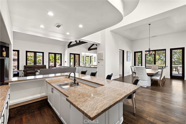 Chandelier, Dining room, Interior, Kitchen, Living room, Pendant Lights, Recessed Lighting, Wood Texture Flooring