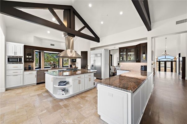 Chandelier, Interior, Kitchen, Pendant Lights, Recessed Lighting, Stainless Steel Appliances, Wooden Beams