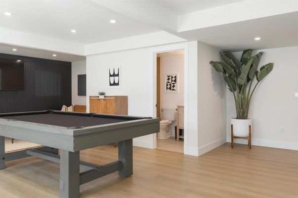 Billiard Table, Game Room, Interior, Recessed Lighting, Wood Texture Flooring