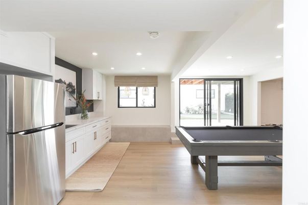 Billiard Table, Game Room, Interior, Kitchen, Recessed Lighting, Stainless Steel Appliances, Wood Texture Flooring
