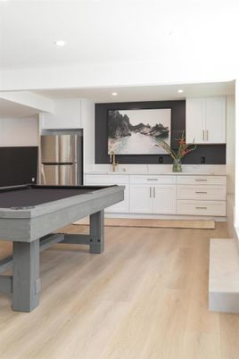 Billiard Table, Game Room, Interior, Kitchen, Recessed Lighting, Stainless Steel Appliances, Wood Texture Flooring