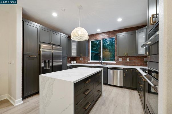 Interior, Kitchen, Pendant Lights, Recessed Lighting, Stainless Steel Appliances, Wood Texture Flooring