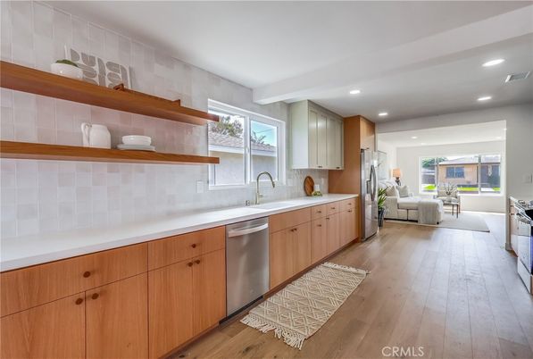 Interior, Kitchen, Living room, Recessed Lighting, Stainless Steel Appliances, Wood Texture Flooring