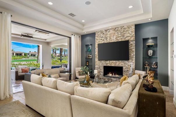 Fireplace, Interior, Living room, Recessed Lighting, Stone Walls