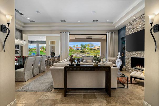 Chandelier, Dining room, Fireplace, Interior, Living room, Recessed Lighting