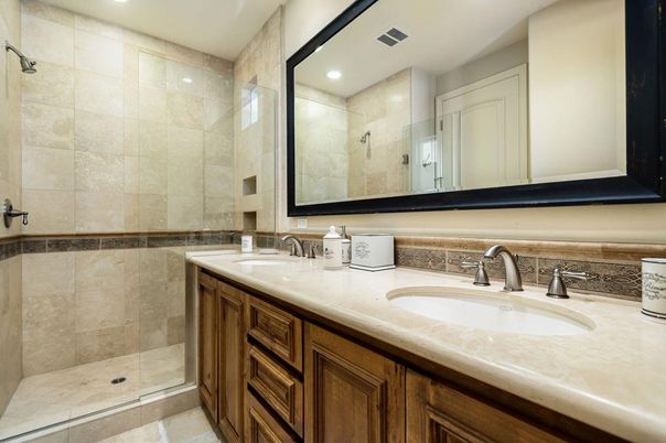 Bathroom, Dual Sink Vanities, Glass Shower, Interior, Recessed Lighting