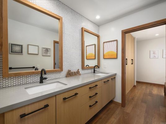 Bathroom, Dual Sink Vanities, Interior, Recessed Lighting, Wood Texture Flooring