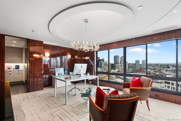 Chandelier, Home Office, Interior, Recessed Lighting, Wooden Walls