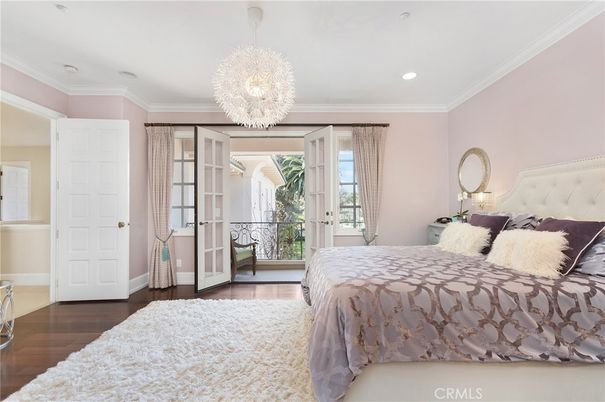 Bedroom, Chandelier, Interior, Recessed Lighting, Wood Texture Flooring