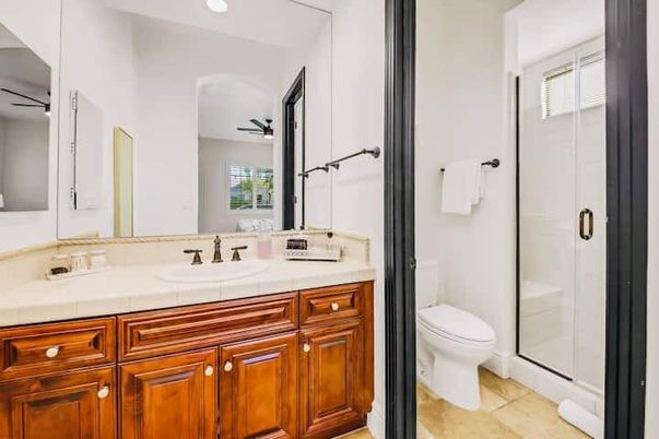 Bathroom, Glass Shower, Interior, Recessed Lighting, Tile Countertops