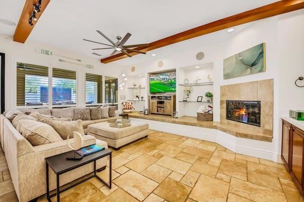 Fireplace, Interior, Living room, Recessed Lighting, Wooden Beams