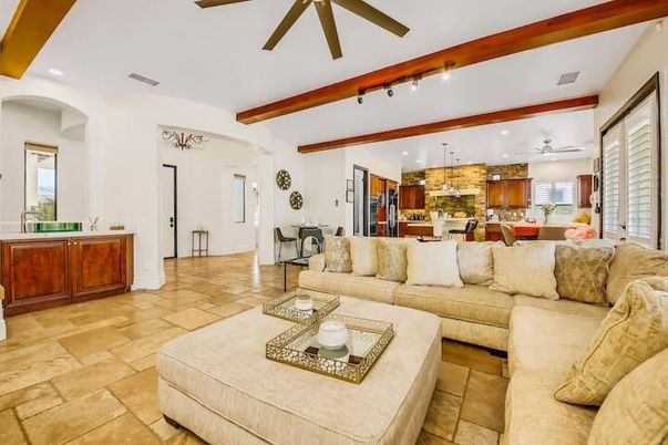 Dining room, Interior, Kitchen, Living room, Pendant Lights, Recessed Lighting, Stainless Steel Appliances, Wooden Beams
