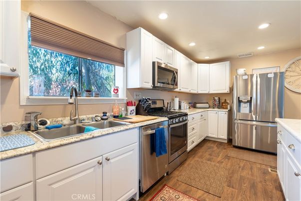 Interior, Kitchen, Recessed Lighting, Stainless Steel Appliances, Wood Texture Flooring