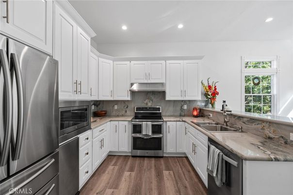 Interior, Kitchen, Recessed Lighting, Stainless Steel Appliances, Wood Texture Flooring