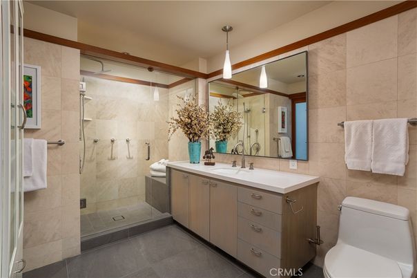 Bathroom, Dual Sink Vanities, Glass Shower, Interior, Pendant Lights