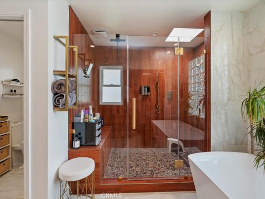 Bathroom, Free Standing Baths, Glass Shower, Interior, Marble Walls, Wooden Walls
