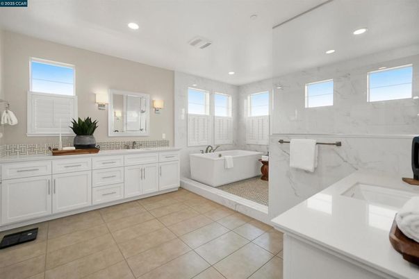 Bathroom, Dual Sink Vanities, Free Standing Baths, Interior, Marble Walls, Recessed Lighting