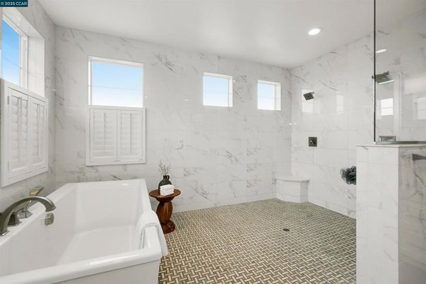 Bathroom, Glass Shower, Interior, Marble Walls, Recessed Lighting
