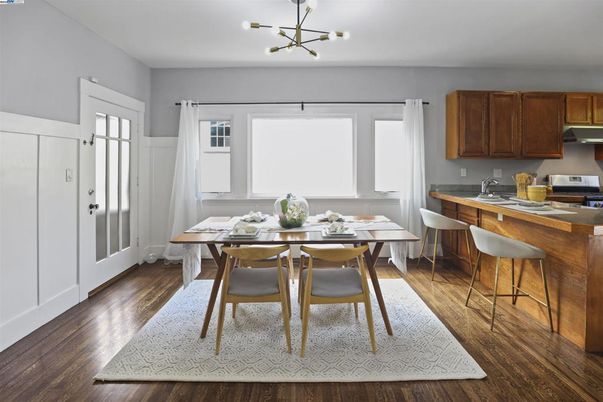 Dining room, Interior, Kitchen, Pendant Lights, Wood Texture Flooring