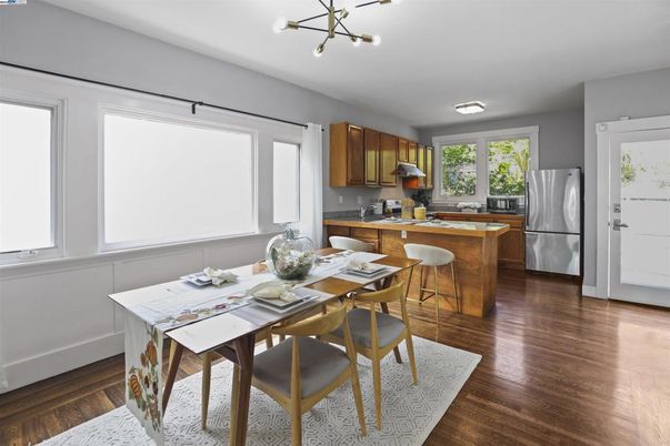 Dining room, Interior, Kitchen, Pendant Lights, Wood Texture Flooring