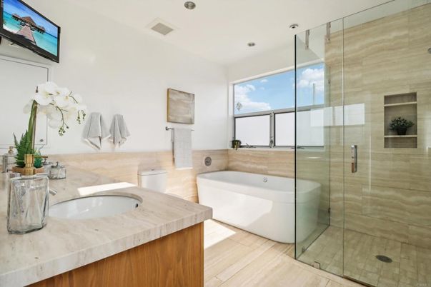 Bathroom, Glass Shower, Interior, Recessed Lighting, Wood Texture Flooring