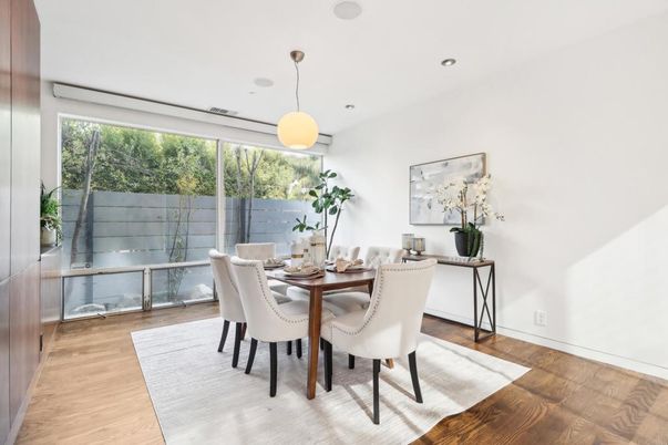 Dining room, Interior, Pendant Lights, Recessed Lighting, Wood Texture Flooring
