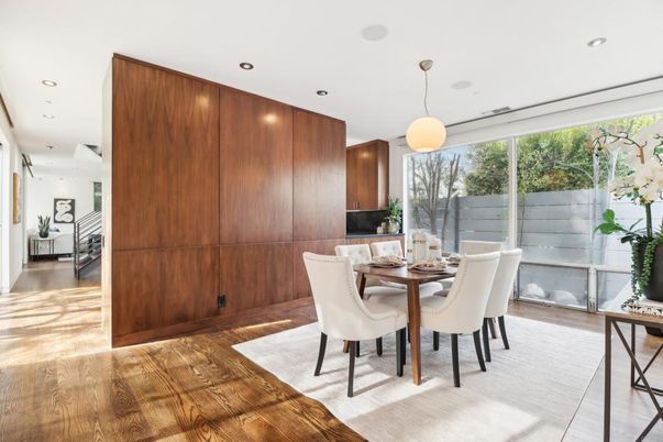Dining room, Interior, Pendant Lights, Recessed Lighting, Wood Texture Flooring