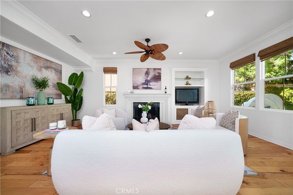 Fireplace, Interior, Living room, Recessed Lighting, Wood Texture Flooring