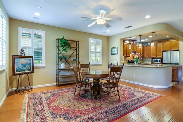 Dining room, Interior, Kitchen, Recessed Lighting, Stainless Steel Appliances, Wood Texture Flooring