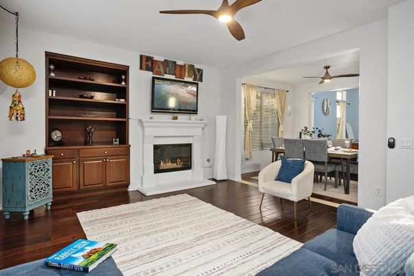 Dining room, Fireplace, Interior, Pendant Lights, Wood Texture Flooring