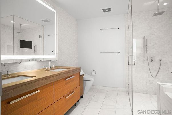 Bathroom, Dual Sink Vanities, Glass Shower, Interior, Marble, Recessed Lighting