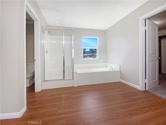 Bathroom, Glass Shower, Interior, Recessed Lighting, Wood Texture Flooring