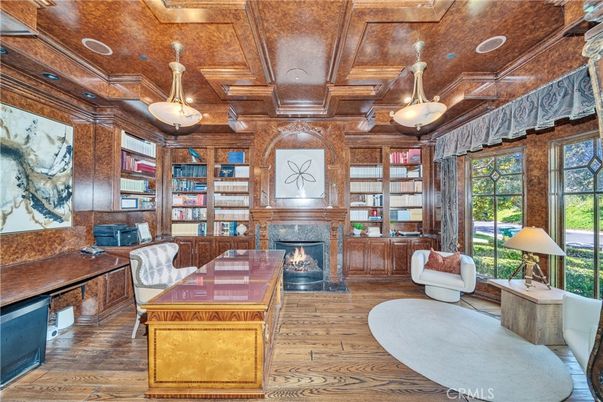 Fireplace, Home Office, Interior, Pendant Lights, Recessed Lighting, Wooden Beams, Wooden Ceilings, Wood Texture Flooring, Wooden Walls