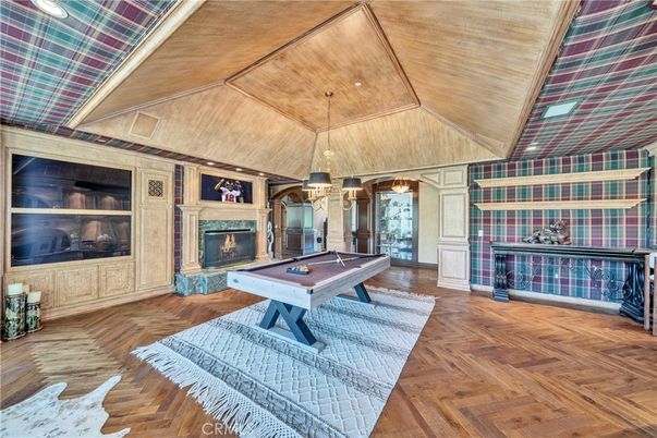 Billiard Table, Fireplace, Game Room, Interior, Pendant Lights, Wooden Ceilings, Wood Texture Flooring